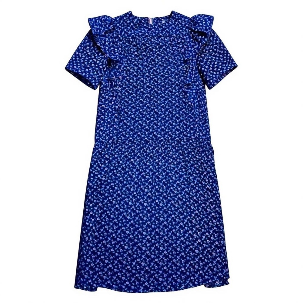 VINTAGE CHARLEE ALLISON NAVY BLUE & PINK FLOWER RUFFLE SLEEVE PLEATED DRESS, 5/6